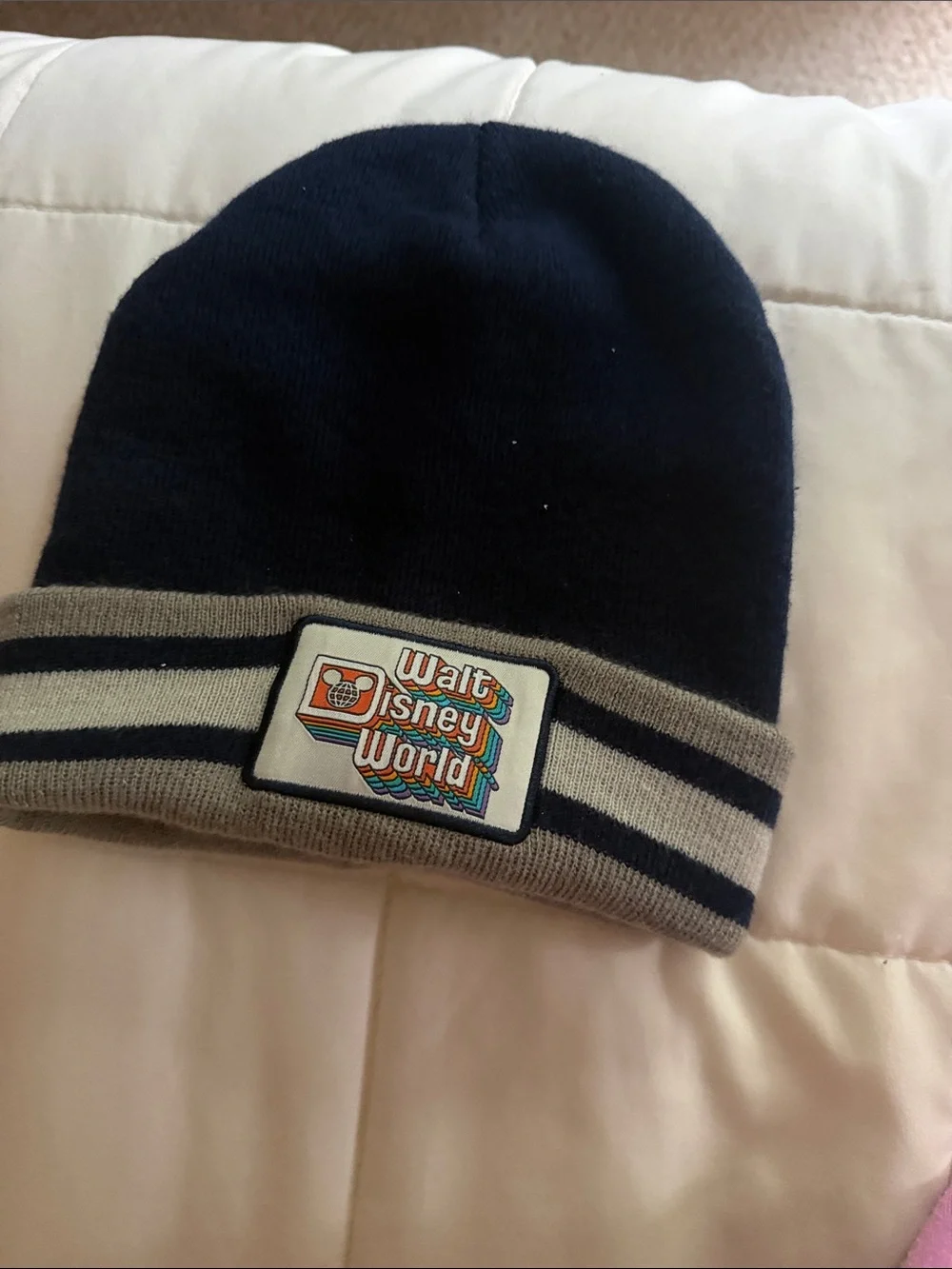 Disney Kids Navy and Gray Stripe Beanie with Walt Disney World Patch